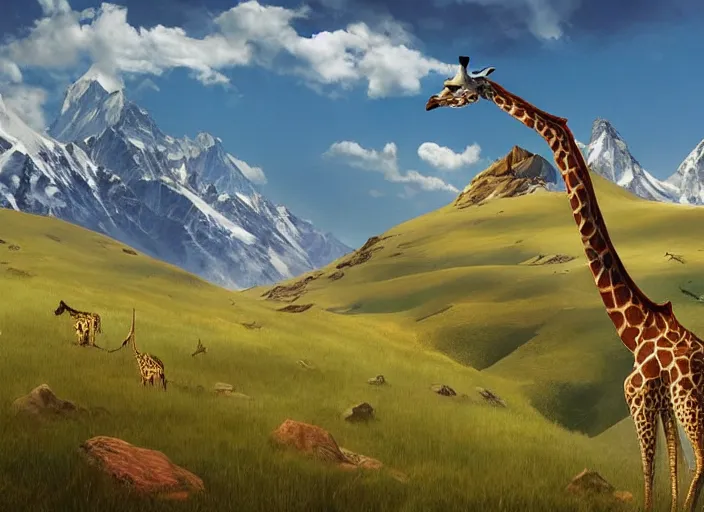 Image similar to a giraffe on the himalaya mountain, summer morning, very coherent and colorful high contrast, art by gediminas pranckevicius, geof darrow, dark shadows, hard lighting