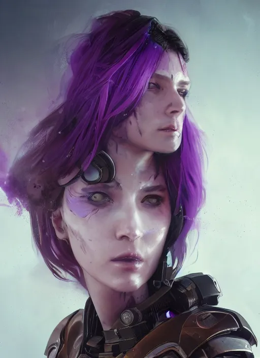 Prompt: close up painting, woman with brown eyes, sci - fi armor, purple smoke hair, beautiful, stern face, gorgeous, face visible, scars, eyeliner, cinematic lighting, eva suit, wallpaper, extremely detailed, sharp focus, by greg rutkowski and [ [ [ wlop ] ] ], intricate, beautiful, award winning, trending on artstation, pixiv