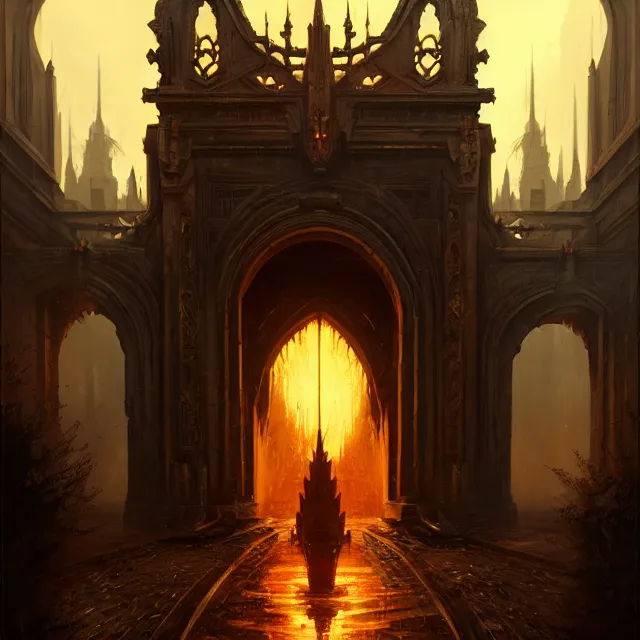 Prompt: huge gate, environment, illustration, fire, smoky, colors, epic scene, fantasy art by greg rutkowski, symmetrical, golden raito, high quality, intricate details, details, intricate, atmosphere, highly detailed, matte painting, cinematic, deviantart, realistic, concept art, 4 k