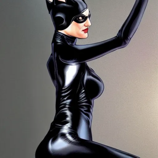 Image similar to High definition, high octane, award winning full body shot of Catwoman posing for the camera, realistic.