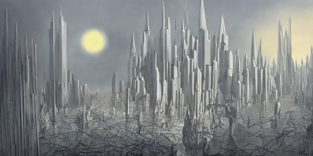 Image similar to a beautiful painting of city landscape, islamic arhcitecture, louis kahn, fantasy, futuristic, by yves tanguy, trending on artstation