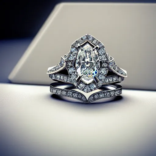 Image similar to photo of engagement ring with two diamonds outside and one in the middle, realistic, hyper detailed, concept art, victorian, multiple angles