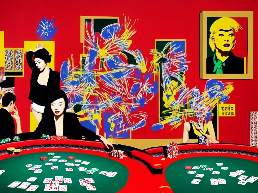 Prompt: hyper - realistic composition of a room in a casino with an extremely detailed poker table, croupier in traditional japanese kimono standing nearby fireworks in the background, pop art style, jackie tsai style, andy warhol style, acrylic on canvas