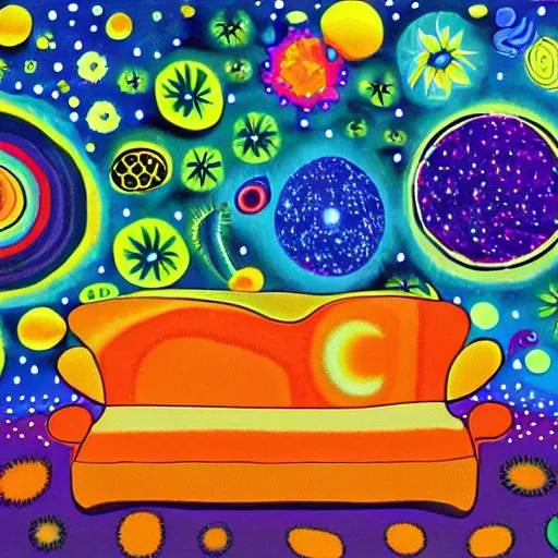 Image similar to psychedelic couch in the lush forest, planets, flowers, milky way, sofa, cartoon by eric carle