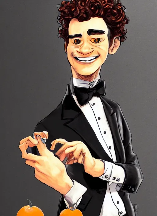 Image similar to illustration drawing of a mid range curly orange hair man with tuxedo as a portrait, masterpiece artwork, ultra detailed, artgerm, style by pixar, digital art, trending on artstation, behance, deviantart