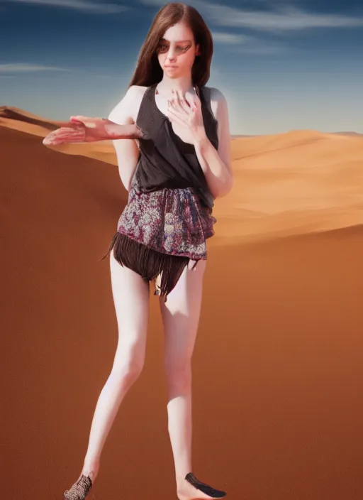 Image similar to a beautiful detailed photo of a girl with 4 legs and pale skin in the desert, realistic, f 8, 4 k hd wallpaper