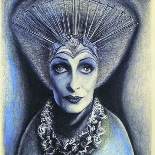 Image similar to Norma Desmond, pencil drawing. El Greco, Remedios Varo, Salvador Dali, Carl Gustav Carus, John Atkinson Grimshaw. Blue tint. Symetrical, logo, geometric shapes.