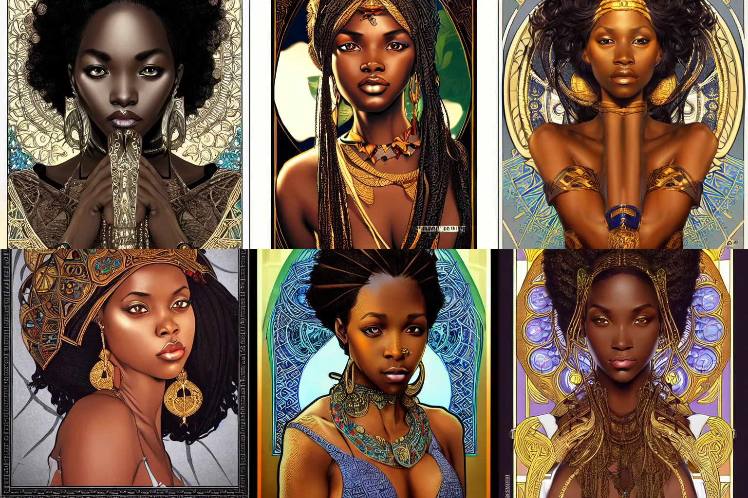 Prompt: black african princess, symmetric, highly detailed, concept art, intricate, sharp focus, illustration, rutkowski, artgerm, alphonse mucha, hans thoma