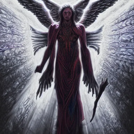 Image similar to photorealistic biblically accurate demonic archangel the style of michael whelan, alex grey, and gustave dore. hyperdetailed photorealism, 1 0 8 megapixels, amazing depth, glowing rich colors, powerful imagery, psychedelic overtones, 3 d finalrender, 3 d shading, cinematic lighting, artstation concept art