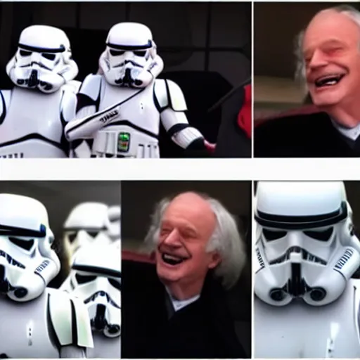 Image similar to Lord Palpatine laughs out loud with his stormtrooper friends meme