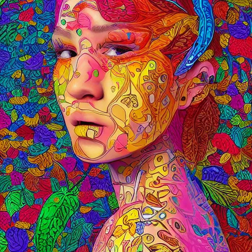 Image similar to the portrait of a beautiful young woman partially made up of bell peppers of all colors, an ultrafine detailed illustration by james jean, intricate linework, bright colors, final fantasy, behance contest winner, vanitas, angular, altermodern, unreal engine 5 highly rendered, global illumination, radiant light, detailed and intricate environment