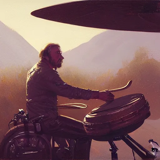 Image similar to A closeup of Neil Peart playing drums on a motorcycle, by Greg Rutkowski, Raphael Lacoste, cgstation, 8k