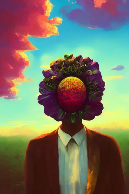Prompt: portrait, large flower as head, black woman in suit, surreal photography, golden hour, colorful clouds, impressionist painting, digital painting, artstation, simon stalenhag