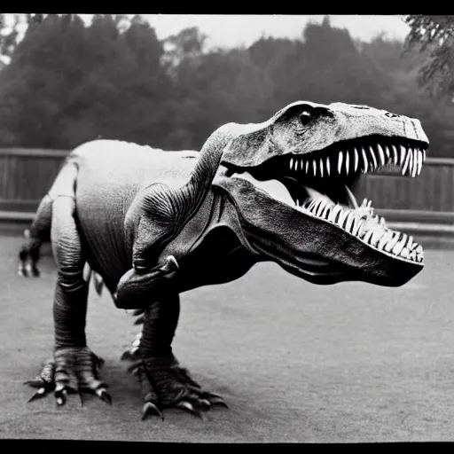 Prompt: t - rex with human arms, taken with a film camera in 1 9 3 0