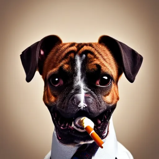 Image similar to a high detail closeup photograph of a dog wearing a suit 👔,and smoking a cigarrette🚬, award wining photograph, digital art