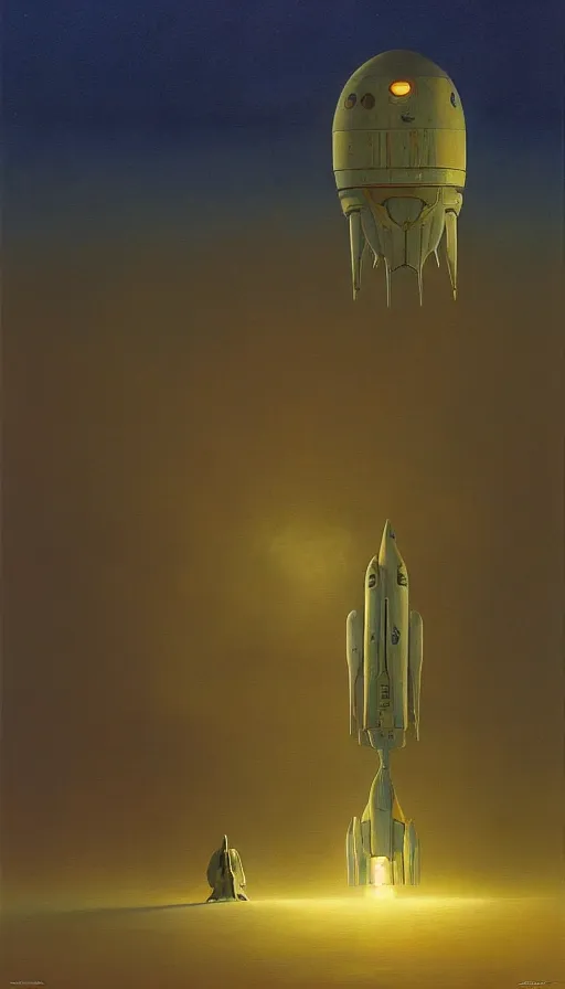 Image similar to spaceship landing mood lighting, soft light, dynamic lighting, complimentary colours, realistic, highly detailed, spooky painting by zdzisław beksinski and greg rutkowskiweta studio, and lucasfilm, colours