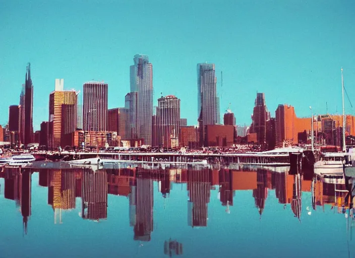 Image similar to retro color photo of a city skyline in the 8 0's. reflections in the water. boats and plain. gradient sky