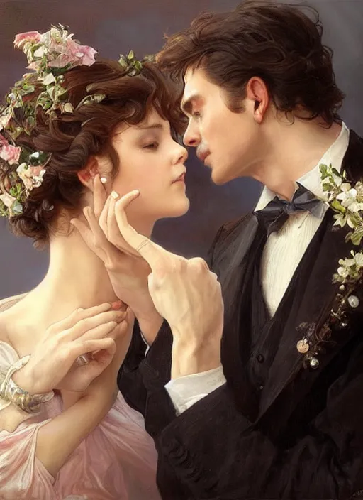 Image similar to an elegant couple, a man and a woman, dance together at a ball. romantic. close up on highly detailed faces. painting by artgerm and greg rutkowski and alphonse mucha.