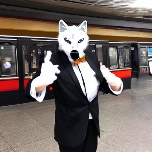 Prompt: a man in a tux wearing a white wolf mask playing the violin at a dirty metro station, unnerving, creepy, terrifying.