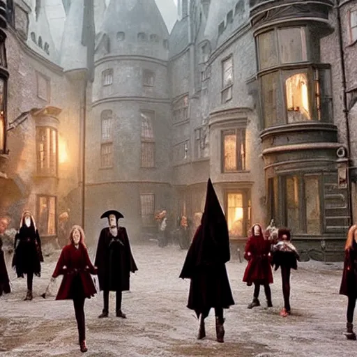 Image similar to a still from a Harry Potter movie directed by Tim burton