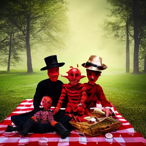 Image similar to freddy krueger, penny - wise and joe biden on a picnic, photo portrait, hyper realism, creepy, symmetry, awesome exposition, very detailed, highly accurate, professional lighting diffracted lightrays, 8 k, sense of awe