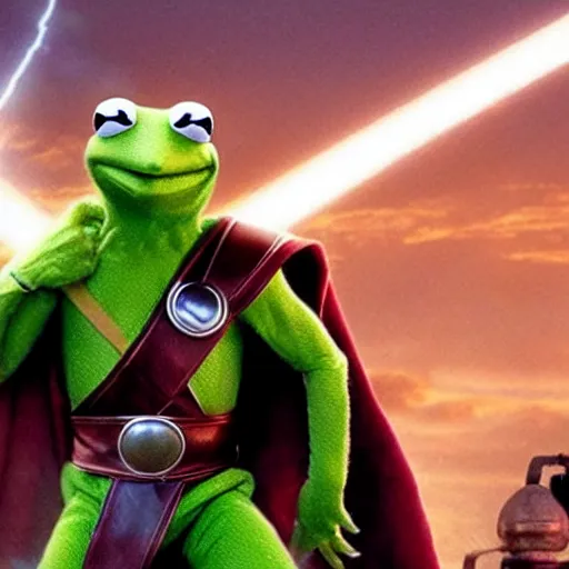 Prompt: photo of Kermit the frog as thor god of thunder in averngers movie