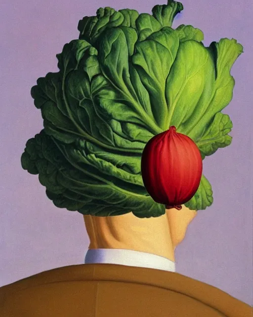Prompt: painting of a man with a cabbage in the place of his head, masterpiece, painted by René Magritte