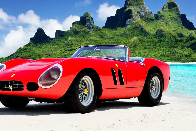 Image similar to cinematography of Ferrari 250 GTO series 2 in bora bora by Emmanuel Lubezki