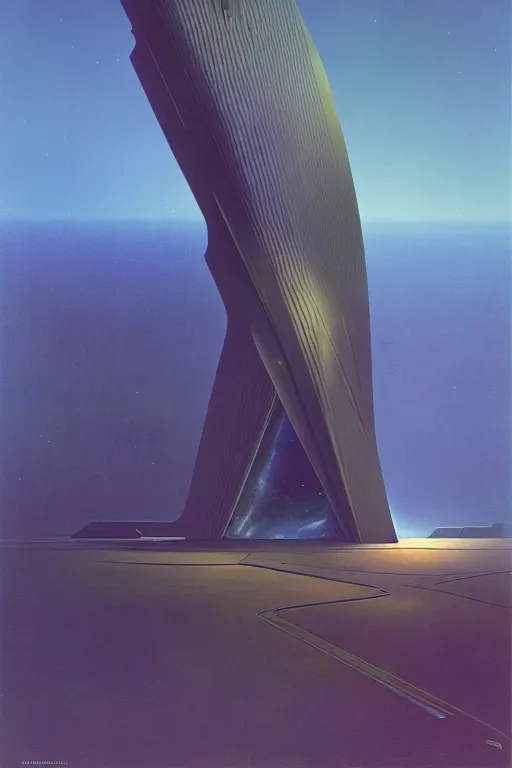 Image similar to emissary space by arthur haas and bruce pennington and john schoenherr, cinematic matte painting, zaha hadid building, photo realism, dark color palate, blue hour, james terrell art,