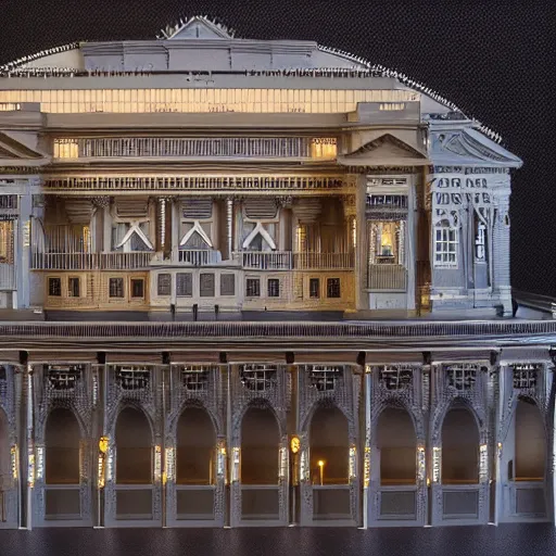 Prompt: paper model of the Sidney Opera house, hyperrealistic, illuminated, very fine details, ornaments, fractal struktures, studio light, 8K, product photo, spotlight, dark background