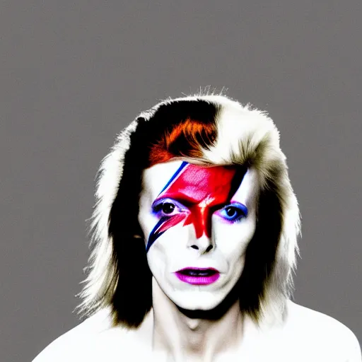 Prompt: david bowie face painted into one side white one side black singing into microphone on top of a spaceship