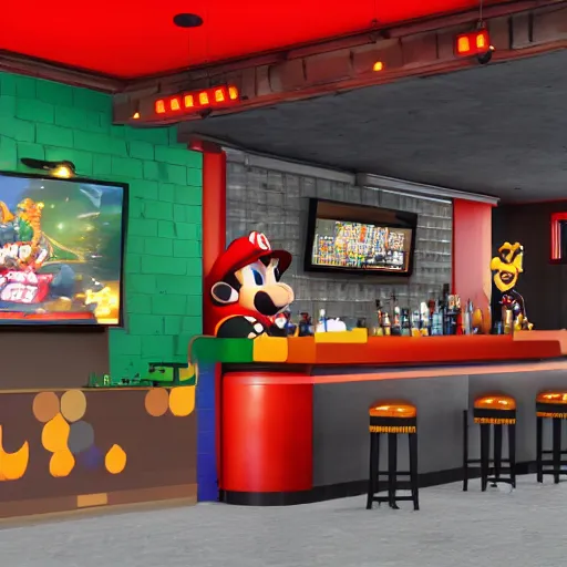 Image similar to an ultradetailed 3 d render of shadow the hedgehog and bowser sitting in a bar drinking beer, dive bar with a karaoke machine, volumetric lighting, 4 k, octane render, in the style of mario and sega