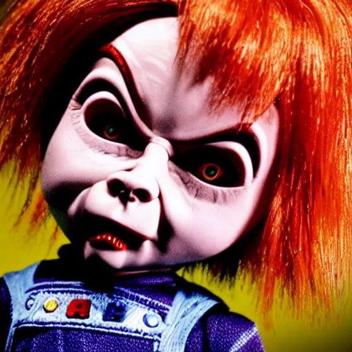 Image similar to Chucky the killer doll from the movie Child's Play looking sinister movie still 8k hdr highly detailed