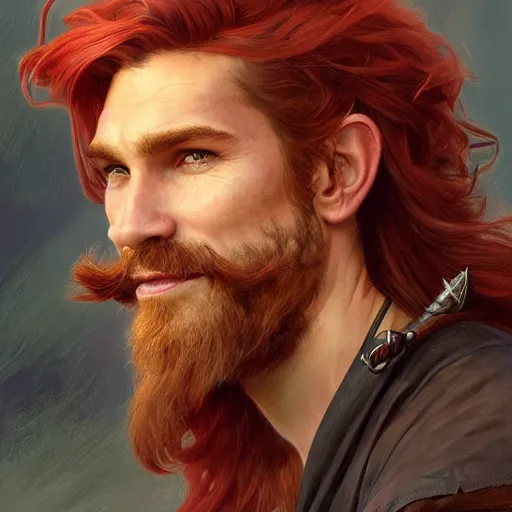 Prompt: portrait of a young ruggedly handsome but joyful pirate, male, masculine, upper body, red hair, long hair, d & d, fantasy, playful smirk, intricate, elegant, highly detailed, digital painting, artstation, concept art, matte, sharp focus, illustration, art by artgerm and greg rutkowski and alphonse mucha