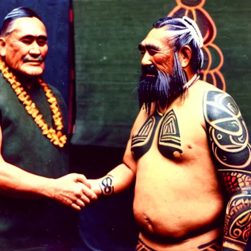 Image similar to a tattooed maori dignitary shakes hands with a 2 0 th century industrialist, colorized 1 9 0 4 photo, kodak camera, historical event, credit the national archives of the united kingdom