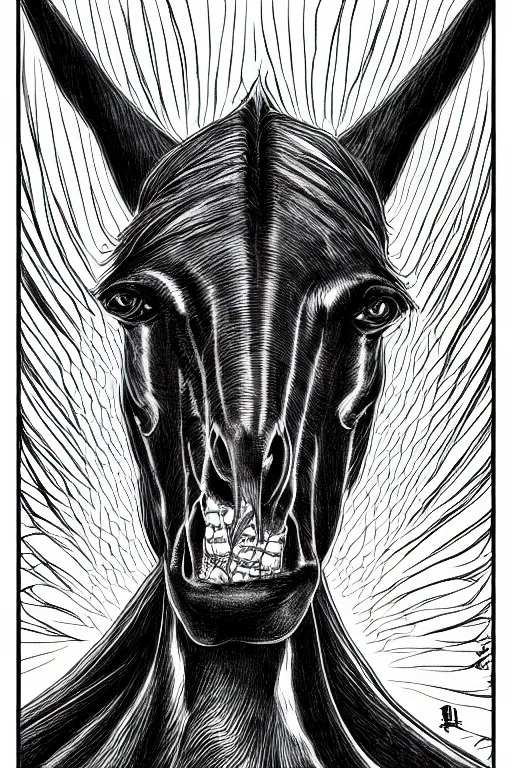 Prompt: evil horse, symmetrical, highly detailed, digital art, sharp focus, trending on art station, kentaro miura manga art style