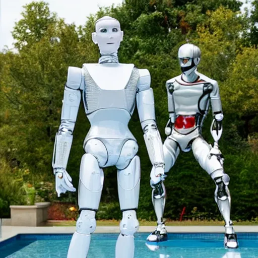 Image similar to shiny skin, humanoid robot, posing like a statue, showing off his muscles, f 1 driver charles leclerc, made of ice, on display, by the pool, a realistic detailed photo of a guy who is an attractive humanoid who is half robot and half humanoid, frozen ice statue, blank stare, who is a male android