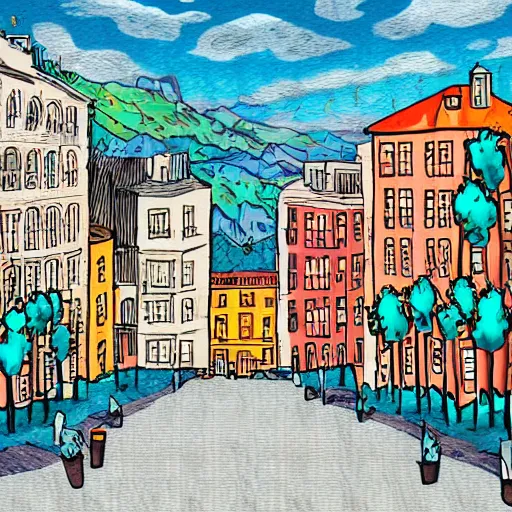 Image similar to City, Landscape, Style of Arcane, Digitally hand-painted, colour