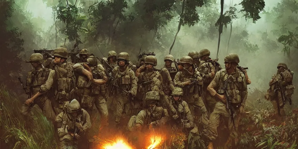 Prompt: a platoon of american soldiers on night patrol in the vietnamese jungle illuminated by napalm strike, beautiful, cinematic, art by artgerm and greg rutkowski and alphonse mucha and loish and wlop