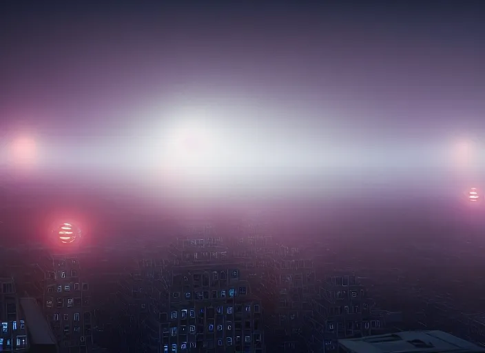 Prompt: glowing alien spheres over the city, fog, rain, volumetric lighting, beautiful, mystique, golden hour, sharp focus, ultra detailed, concept art, gilles beloeil, andy park, jan urschel, dylan cole, noir art house, 4 k, 3 5 mm, fujifilm