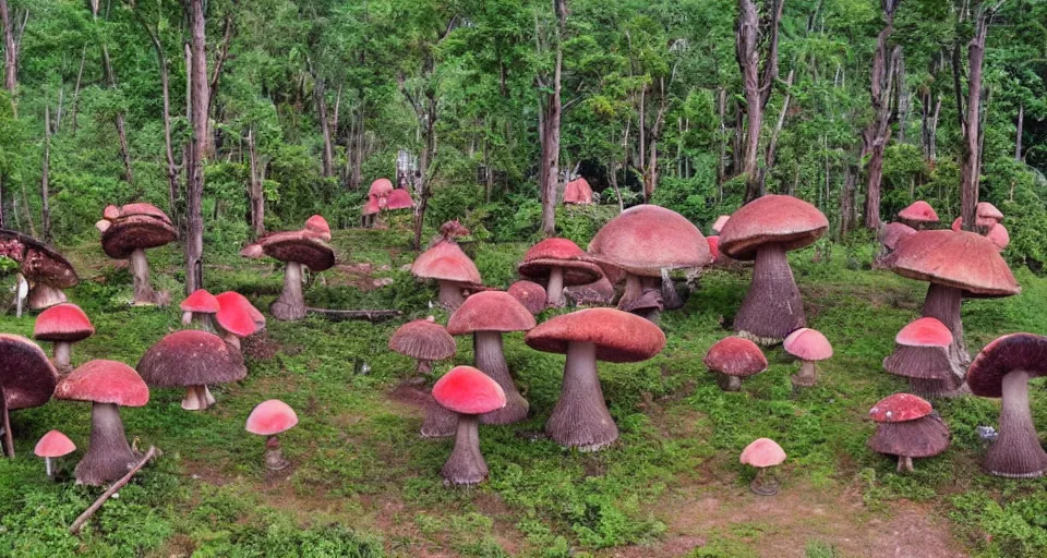 Image similar to A tribal village in a forest of giant mushrooms, by a 8 years old kid,