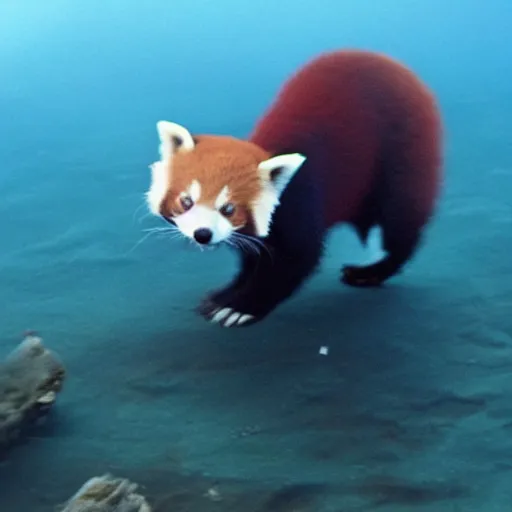 Prompt: dark footage of a red panda walking around the bottom of the ocean