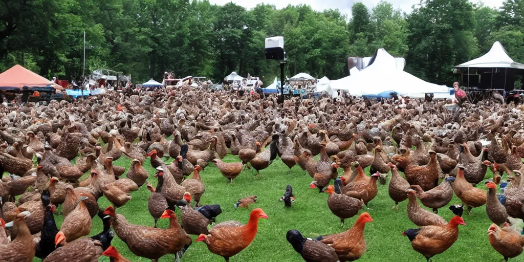 Prompt: summer music festival full of fowl. no humans. tex fowl