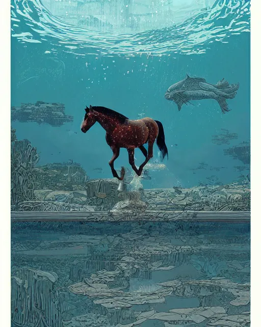 Image similar to a horse swimming in the water by abandoned ancient greek architecture submerged in water, digital art, illustrated by james gurney and victo ngai