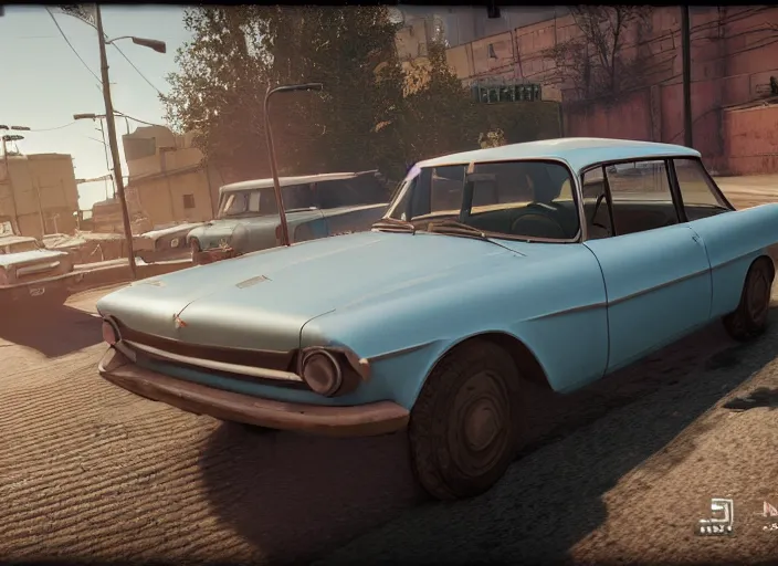 Prompt: hyperrealistic matte painting of gta game in ussr, 1 9 6 0, playstation 5 screenshot, mega details, golden hour, beautiful rtx reflections, soviet suburbs, photorealistic, unreal engine 5, octane render, volumetric light, featured on cg society, 4 k, 5 0 mm bokeh, polaroid photo, russian lada car, artstation