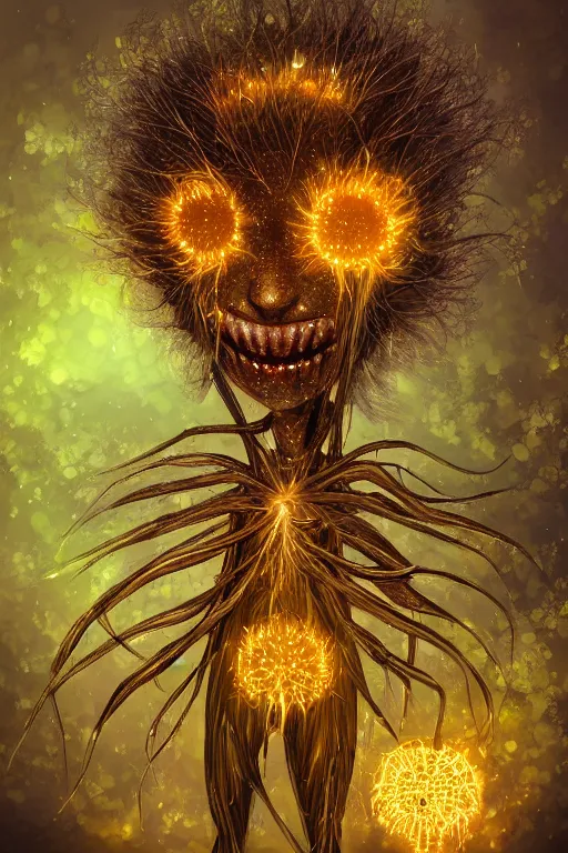 Image similar to a humanoid figure dandelion plant monster, amber eyes, highly detailed, digital art, sharp focus, ambient glow, trending on art station, anime art style