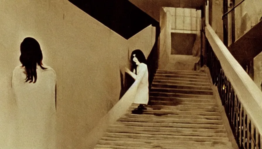 Image similar to 60s movie still of a white japanese female phantom bloody in an infinite stair, eastmancolor, heavy grain, high quality, higly detailed, liminal space