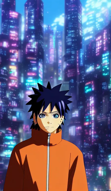 Image similar to anime fine details portrait of joyful Naruto in front of cyberpunk moder city landscape on the background deep bokeh, close-up view, anime masterpiece by Studio Ghibli. 8k, sharp high quality anime, artstation