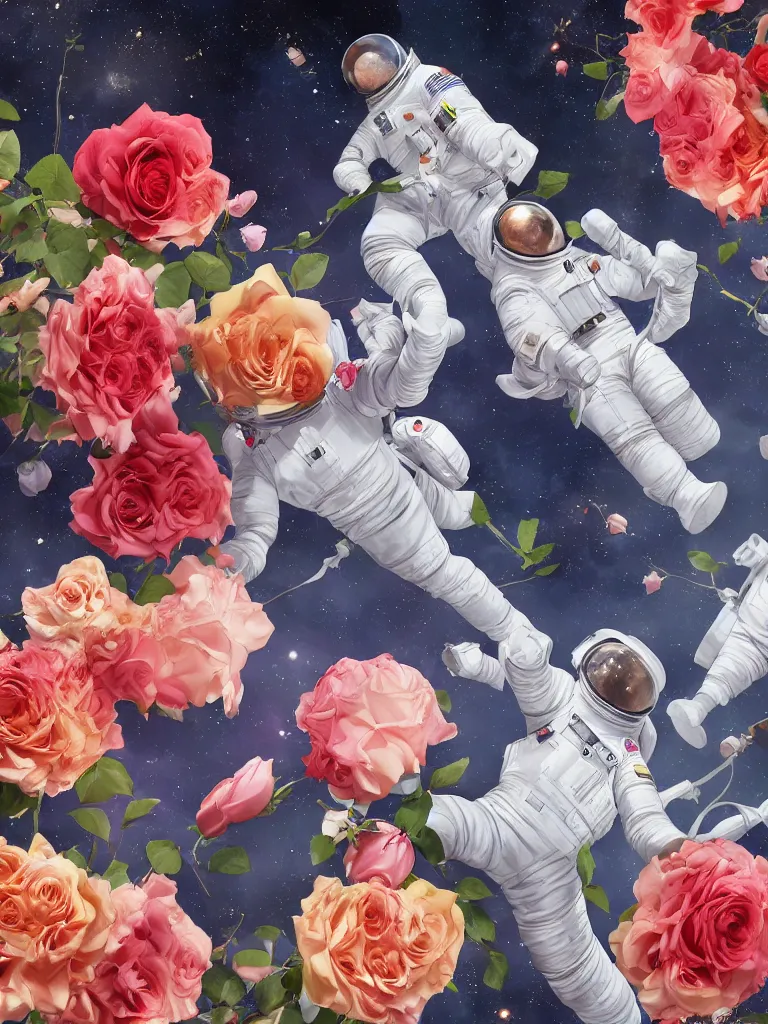 Prompt: astronauts holding roses in the universe, dream, ultra hd, highly detailed by shinkai makoto