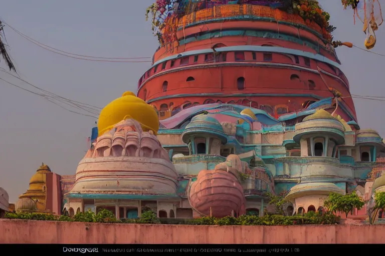 Image similar to gorgeous dreamscape! biomorphic new delhi, hanuman!! head building, kalighat, octane highly detailed cinematic, stephen shore & john j. park, soft morning light, wide shot, high angle, uhd 8 k, deep focus